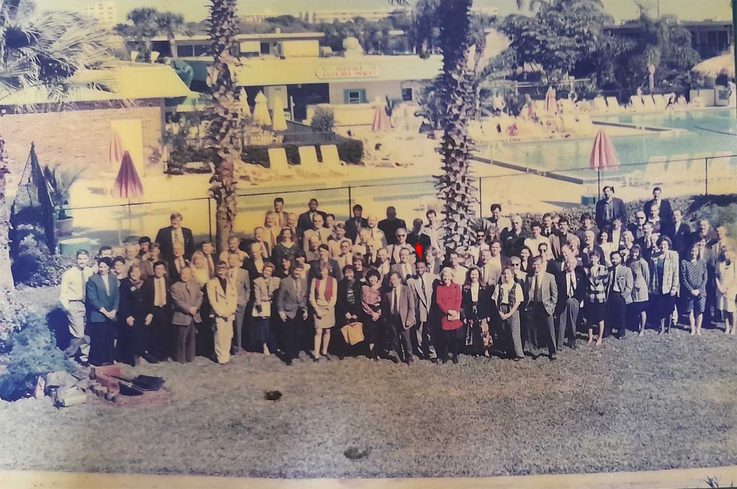 Historical group photograph of the NASA Neurolab Investigators Working Group, with Dr Philip Njemanze indicated by a red arrow.
