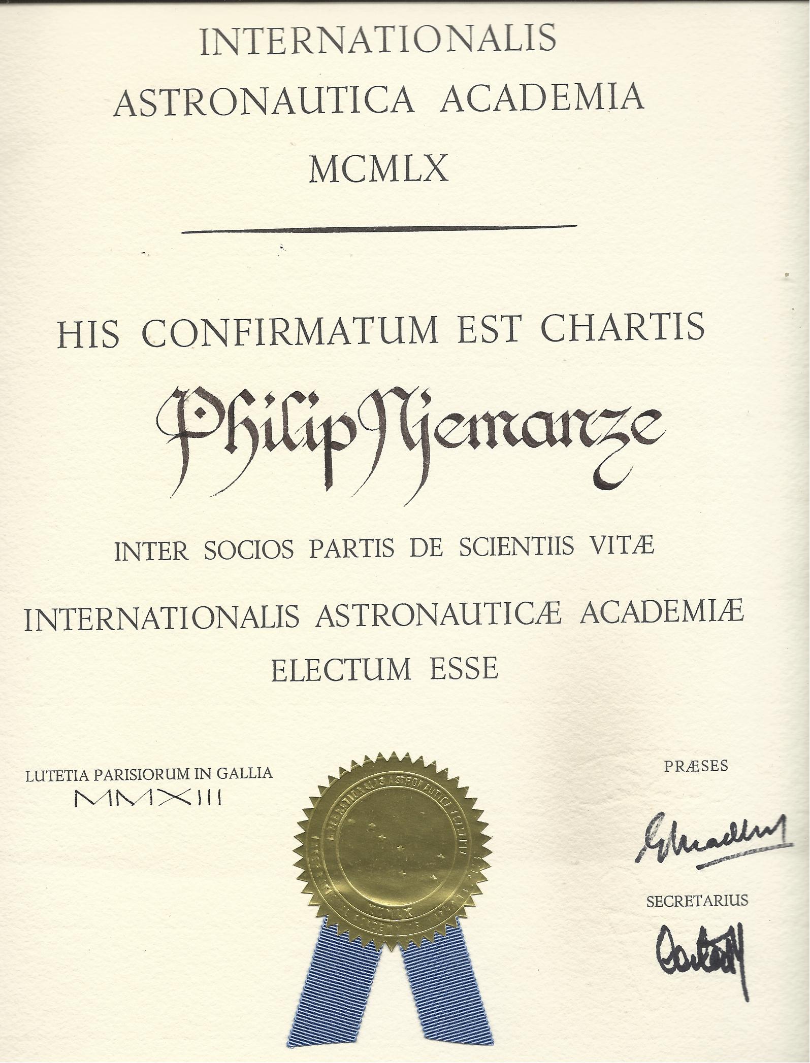 Photo 11. Investiture of Academician Dr Philip Chidi Njemanze MD (Hons) as academician member of the International Academy of Astronautics (IAA) in 2013.